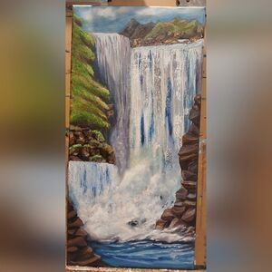 Original Oil Painting On Wooden 12x 24" Blue and Green Waterfall